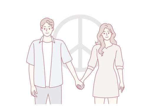 Man and woman dressed in casual style hold hands standing near symbol of pacifism. Friendly guy and girl posing near sign symbolizing peace and disarmament. Flat vector illustration
