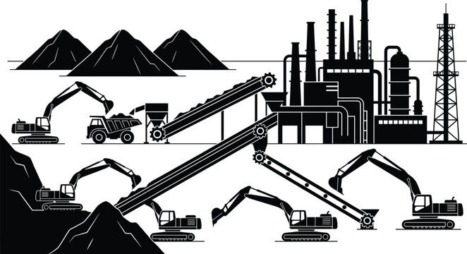 Industrial mining site silhouette featuring excavators conveyor belts dump trucks and factory processing plant for heavy machinery and resource extraction vector