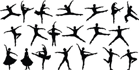 Ballet dancer silhouettes, classical dance poses, elegant ballerina movements, graceful choreography, artistic performance, stage art, pirouette, arabesque, leap, pointe technique © Creative Rejia