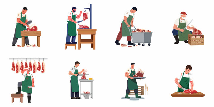 Vector collection of professional butchers and meat processing workers cutting, preparing, and transporting fresh raw meat carcasses isolated on white background.