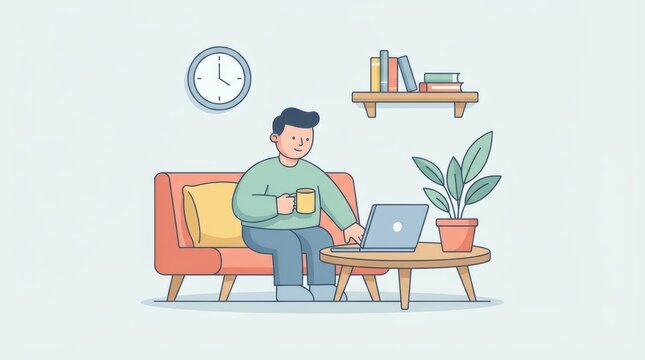 man sits on couch with laptop and coffee in cozy living room