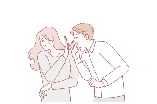 Self-sufficient woman turns away from screaming man after insults or unpleasant words. Girl shows stop sign with palm to guy who wants to tell secret or make obscene proposal. Flat vector illustration