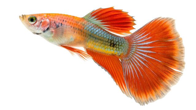 Male guppy fish swimming colorful freshwater tropical fish cut out on PNG background. AI generated.