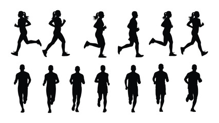 Collection of black silhouettes of people running in various poses on white background for fitness and sports illustrations