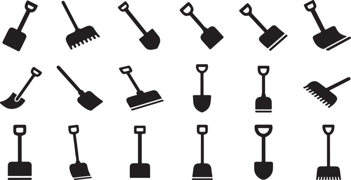 Collection of various gardening tools and shovels icons set