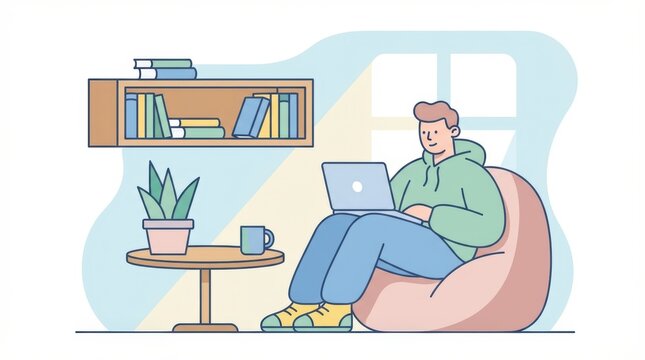 man sits comfortably in bean bag chair working on his laptop at home