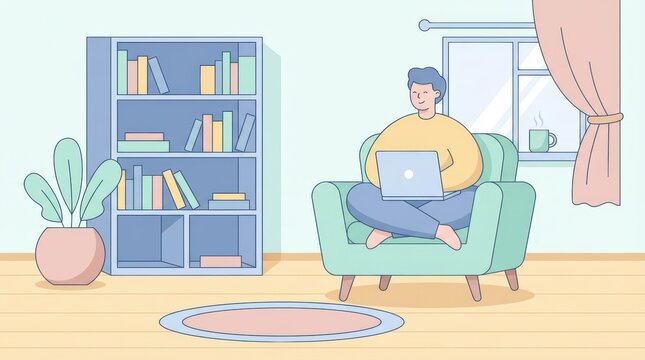 man sits comfortably in chair with laptop in cozy living room with bookshelf and plant