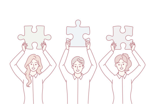 Employees demonstrate jigsaw puzzles to show team work and joint desire to make company better. Man and woman working in same startup jointly contribute to success of corporation. Flat vector image