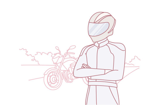 Biker in clothes for professional riding motorcycle and protective helmet covering face and eyes. Human with bike for extreme racing stands on road and looks into distance. Flat vector design