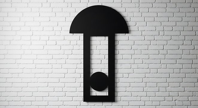 A minimalist black abstract geometric symbol mounted on a white painted brick wall background illustration