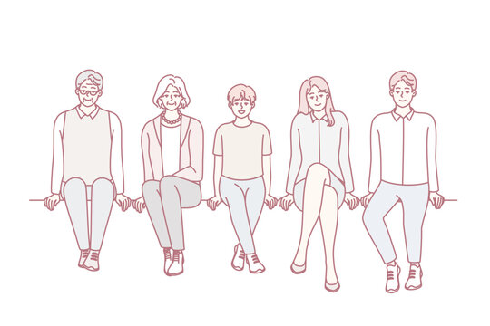 People of different ages dressed in casual style sit in row and look at screen. Young and old men and women from one big family spend time together with smile. Flat vector illustration
