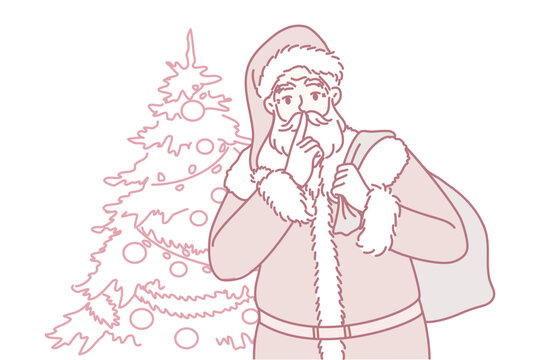 Santa Claus with bag gifts behind back came to congratulate children on Christmas holidays. New Year wizard stands near Xmas tree and puts finger to lips and asks for silence. Flat vector illustration