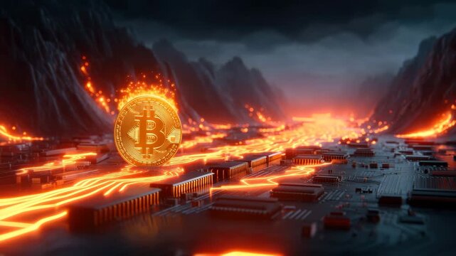 Cryptocurrency digital coin blockchain cyber finance technology glowing circuit lava river data flow across dark mountain landscape storm sky