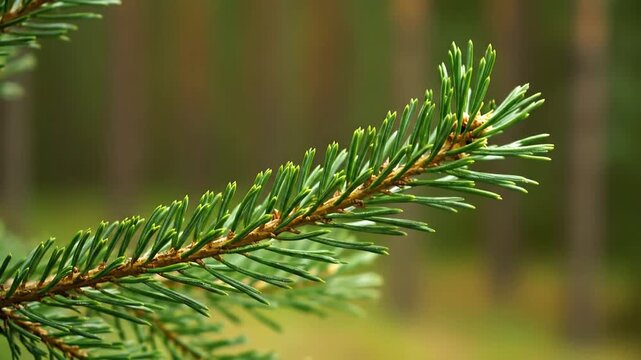 Closeup of a vibrant green pine branch with soft bokeh background.