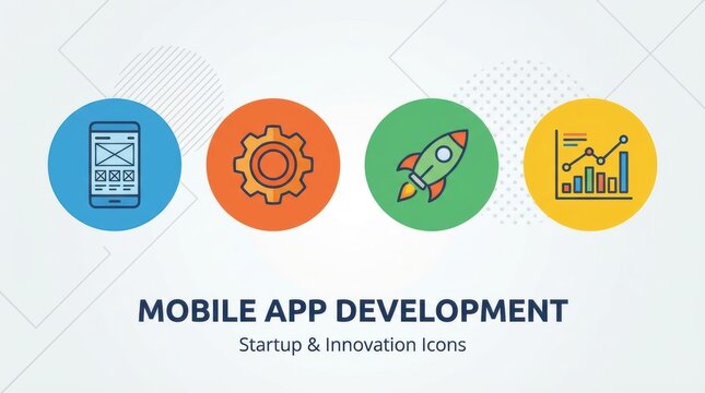 graphic illustration of mobile app development icons for startup and innovation