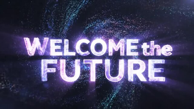 Dynamic abstract particle animation featuring vibrant glowing 'Welcome the Future' text, shimmering with a futuristic tech neon palette amidst swirling digital cosmic energy