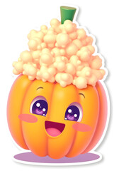 An adorable, 3D-rendered pumpkin character topped with fluffy popcorn "hair." Featuring sparkling purple eyes 