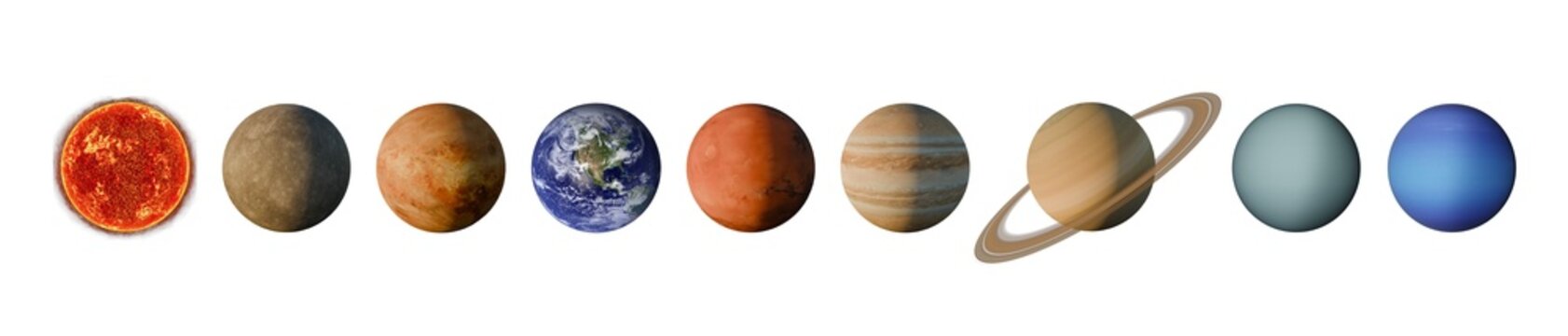 Solar system with all planets including Sun, Mercury, Venus, Earth, Mars, Jupiter, Saturn, Uranut, Neptune  on transparent background