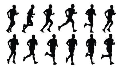 Obraz premium Silhouette of multiple runners in various poses, illustrating different stages of running, fitness, and athleticism