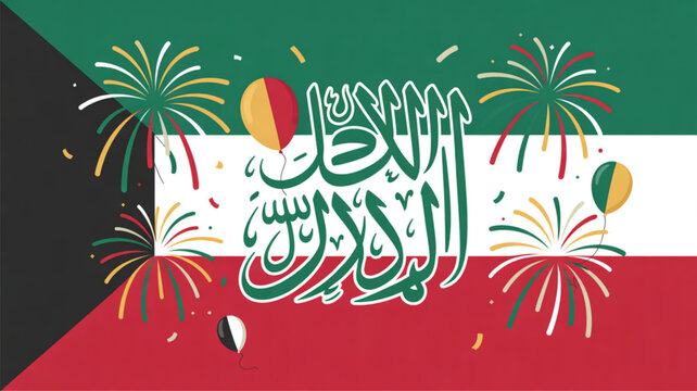 Kuwait flag with arabic calligraphy and colorful fireworks on kuwaiti national day or ghadan al emad celebration