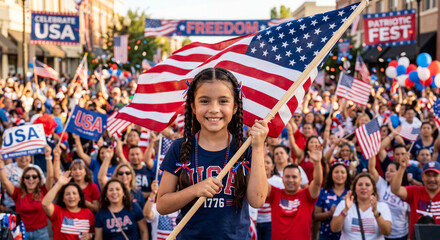 Fototapeta premium Happy Girl Waving American Flag At Street Parade