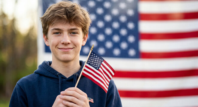 Teenage White American Boy Holding Small US Flag Portrait
