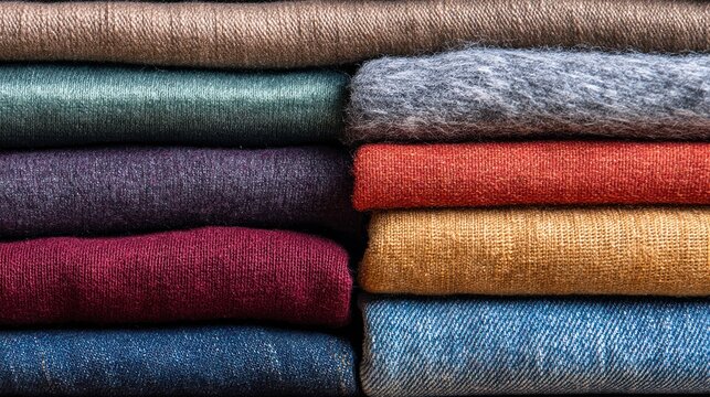 A variety of clothing textures laid out side-by-side, including silk, cotton, wool, and denim, showing the diversity of fabrics.