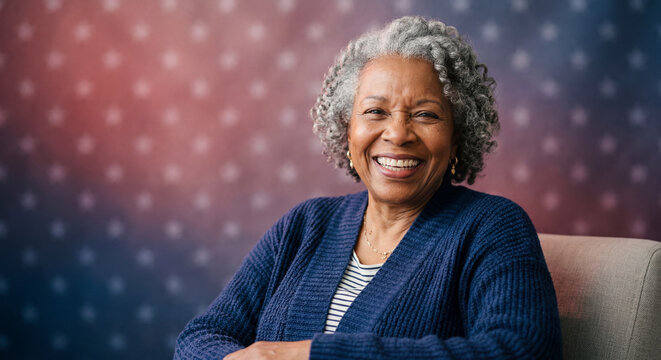 Smiling African American Senior Woman Portrait Patriotic Background
