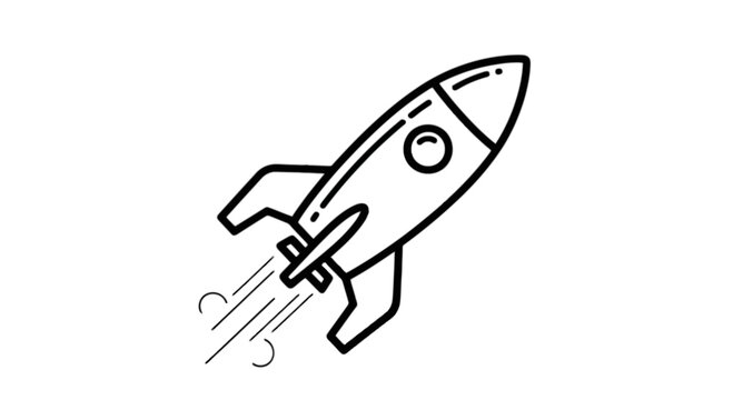 A simple black and white line art illustration of a space rocket launching into the night sky isolated on transparent background, Vector