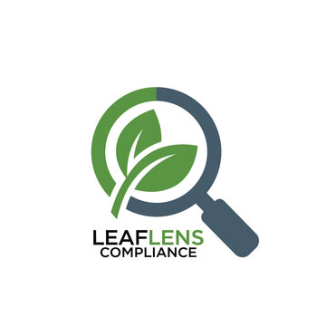 Magnifying glass with leaf icon for ecological inspection and environmental sustainability compliance services logo for LeafLens Compliance