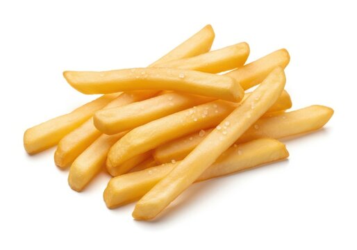 A pile of salty french fries on a white background
