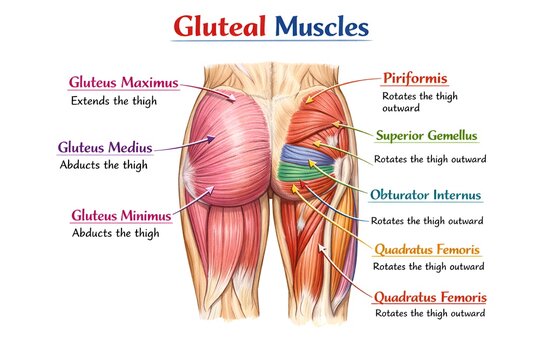 Detailed Human Anatomy Diagram of Gluteal Muscles and Deep Hip Rotators Including Gluteus Maximus Medius Minimus Piriformis and Quadratus Femoris with Functional Labels for Medical Education