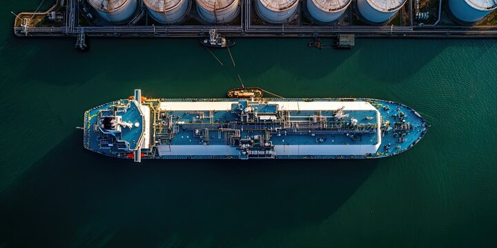 An LNG tanker anchored in the gas terminal storage tanks. An oil and gas bunker vessel in the tanker bay. View from above.