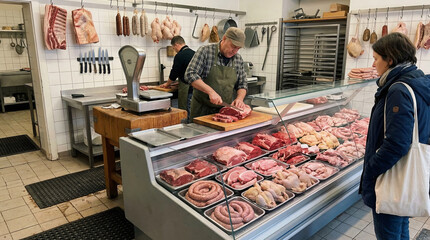 Butcher cutting raw beef at counter while woman customer waits in meat shop. Professional artisan working with knife in local market. Fresh food industry and retail trade business concept.