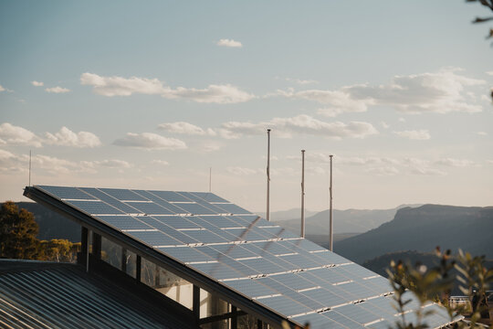 Renewable energy solar panels overlooking the Blue Mountains National Park