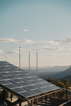Solar energy panels at Echo Point overlooking Blue Mountains wilderness