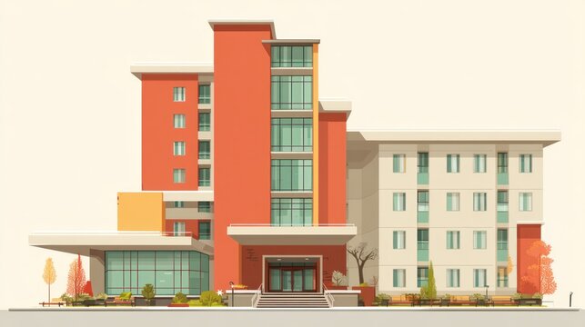 A vector illustration of a dormitory building with multiple floors, windows, and a welcoming entrance.