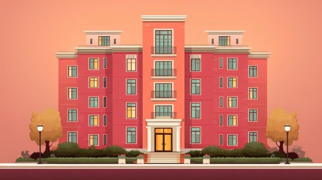 A vector illustration of a dormitory building with multiple floors, windows, and a welcoming entrance.