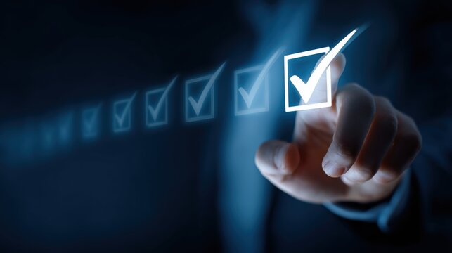 Businessman finger touching digital check mark on virtual interface