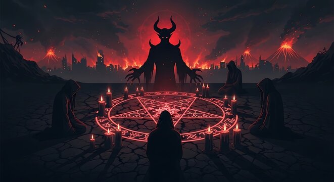A powerful horned demon oversees a dark occult summoning ritual, with cloaked figures gathered around a glowing pentagram amidst a fiery, volcanic hellscape under a menacing crimson sky