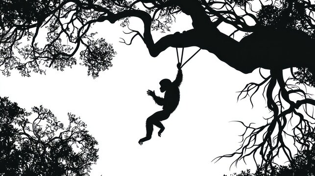 A vector silhouette of a monkey swinging through trees.
