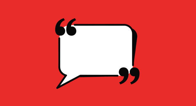 Blank speech bubble icon for quotes and communication messages on a bright red minimalist background for design.