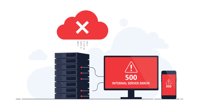 Internal server error 500 and system failure concept showing a cloud with a cross and a red monitor warning screen.