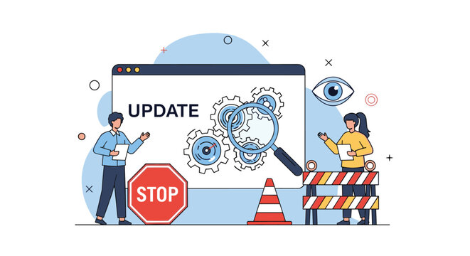 System software update and maintenance concept showing several people working on computer gears with warning signs.