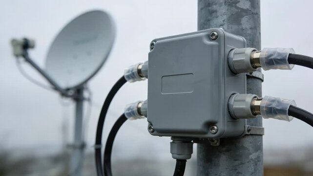 Medium shot of grey weatherproof junction box fastened on a metal pole foreground in focus with satellite cable connectors protected from harsh elements.