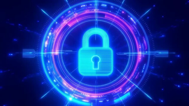 Padlock digital neon blue with glowing circular interface and pink accents featuring cybersecurity, security, lock with futuristic and technology