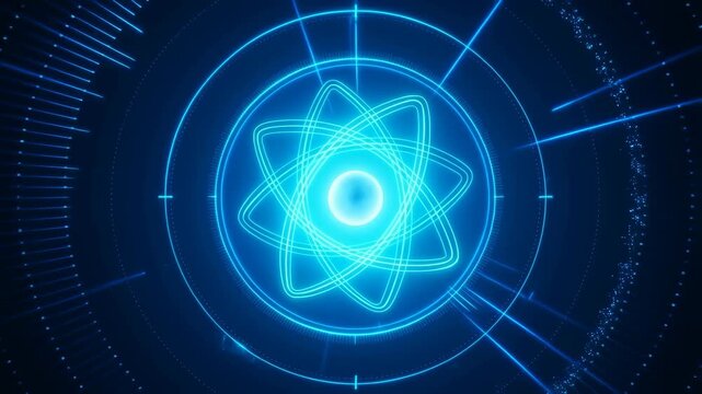 Atom glowing neon cyan with circular lines and dots on dark background featuring science, technology, futuristic with energy and particle elements