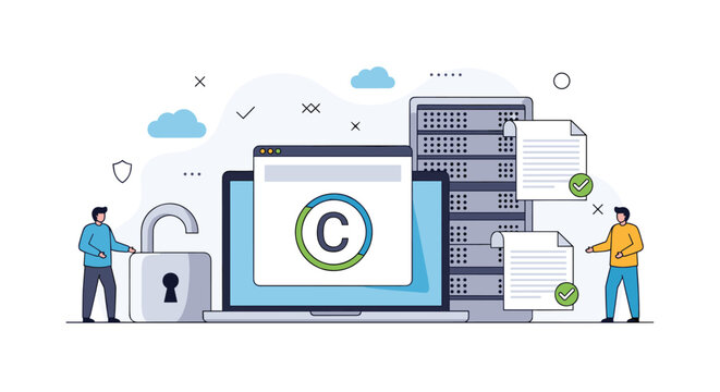 Digital copyright and intellectual property protection concept with computer, server, padlock, and human figures.