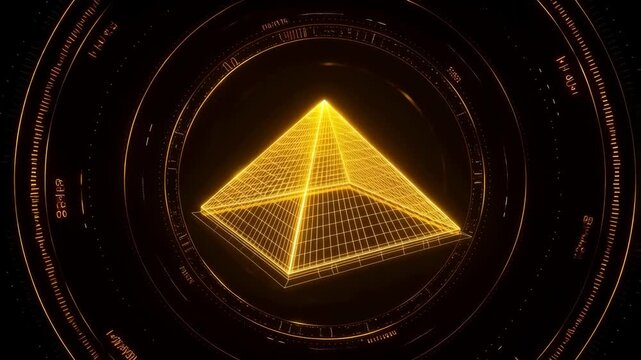 Pyramid glowing neon gold with wireframe mesh and circular data visualization featuring 3D, futuristic, digital with technology and innovation