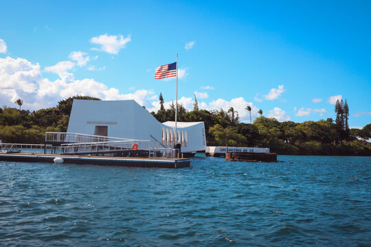 Oahu, Hawaii, USA. - September 22, 2024:The sloping building in the water serves as a memorial to those killed on the USS Arizona during the attack on Pearl Harbor, Hawaii